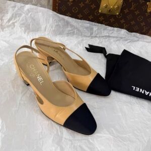 CHANEL Beige and Black Two-Tone Slingback Heels